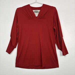 Effie's Heart Blouse Womens XL Red Long Sleeve V Neck Pleated Top Retro